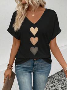 SHEIN Women's V-Neck Ruffle Sleeve, Ombre Heart Graphic Casual Versatile T-Shirt, Spring/Summer - Black - View 4