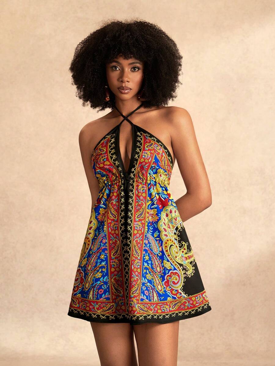 Zivah 新款休闲假日春夏交叉挂脖深 V 领 A 形摆大露背图案印花女式迷你连衣裙