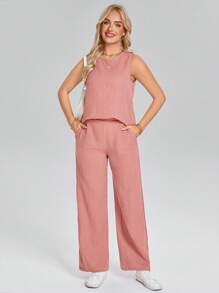 SHEIN LUNE Women Crew Neck Sleeveless Textured Camisole Top + Elastic Waist Double Pocket Casual Pants,Two Pieces Summer Set - Dusty Pink - View 6