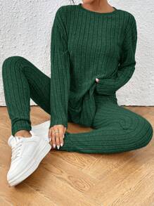 SHEIN Frenchy Drop Shoulder Ribbed Knit Tee & Leggings Textured Fabric Two Pieces Winter Green Casual Christmas Spring - Olive Green - View 4