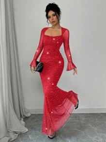 Rafferiza Elegant Party Asymmetric Neck Pleated Front & Side Bodycon Mermaid Hem Long Sleeve Flare Cuff Dress For Women In Black, Autumn/Winter, Jacquard Knit Mesh Fabric With Silver Foil Maxi Women Outfit Fall Cloth For Women - Red - View 4