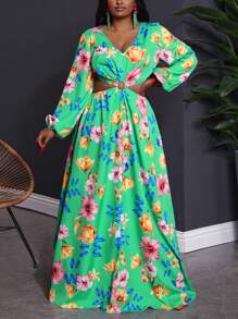 Slaydiva Plus Size Women's Green Floral Maxi Dress: Boho Style Woven Fabric With V Neck And Long Sleeves For A Flowing, Flared Silhouette - Green - View 4