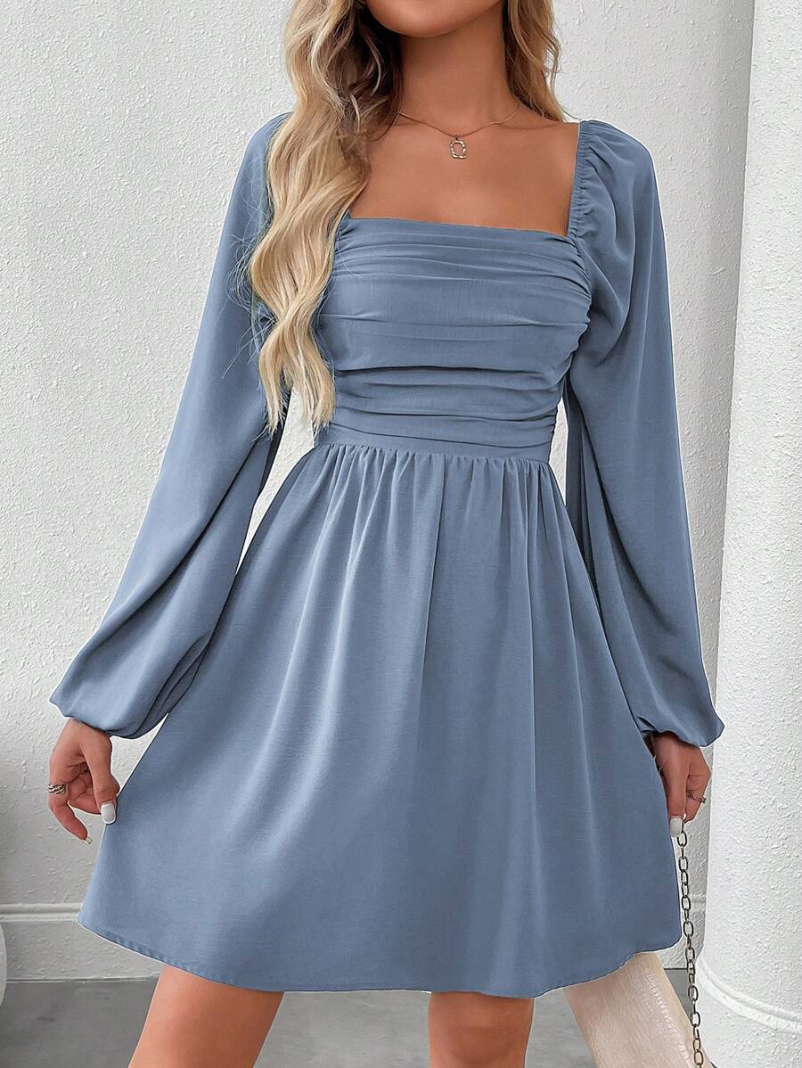 EMERY ROSE Women's Solid Color Ruffle Square Neck Lantern Sleeve Dress Fall Cloth For Women - Dusty Blue - View 1