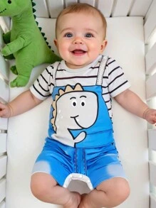 SHEIN Newborn Baby Boy Black & White Striped Fake Suspender Decor Cute Dinosaur Print Button Shoulder Short Sleeve Romper Set, Summer - Multicolor - View 3