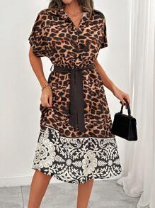 SHEIN Elegant Style, Leopard With Placement Printed, Self Belted Midi Shirt Dress