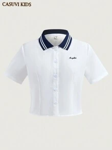 SHEIN Explorewe 青少年女孩短袖短款领口拼布衬衫，休闲百搭，适合春夏季 - 白色 - 查看 8