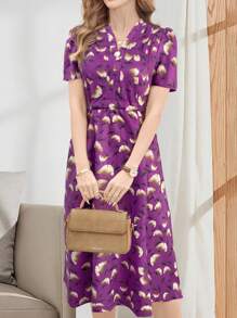 EMERY ROSE Elegant Casual V-Neck Tie Waist Short Sleeve Midi Dress For Women