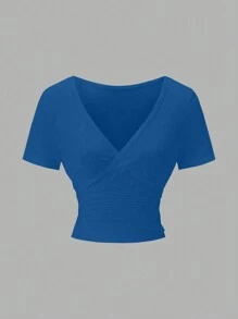 Chiquease Atasan Wanita Kasual Warna Polos Model Wrap Pas Badan Model Crop, Biru - Royal Blue - View 4