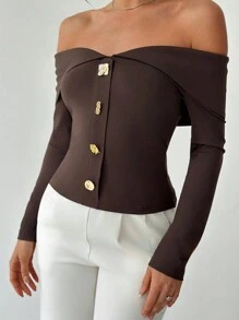 Firerie 女士优雅情人节露肩不对称金属纽扣上衣，不对称纽扣露肩长袖衬衫，适合商务聚会、时尚通勤、海滩度假、复古风格、乡村音乐会着装、办公室着装、通勤、返校季、日常穿着。 - 咖啡棕 - 查看 3