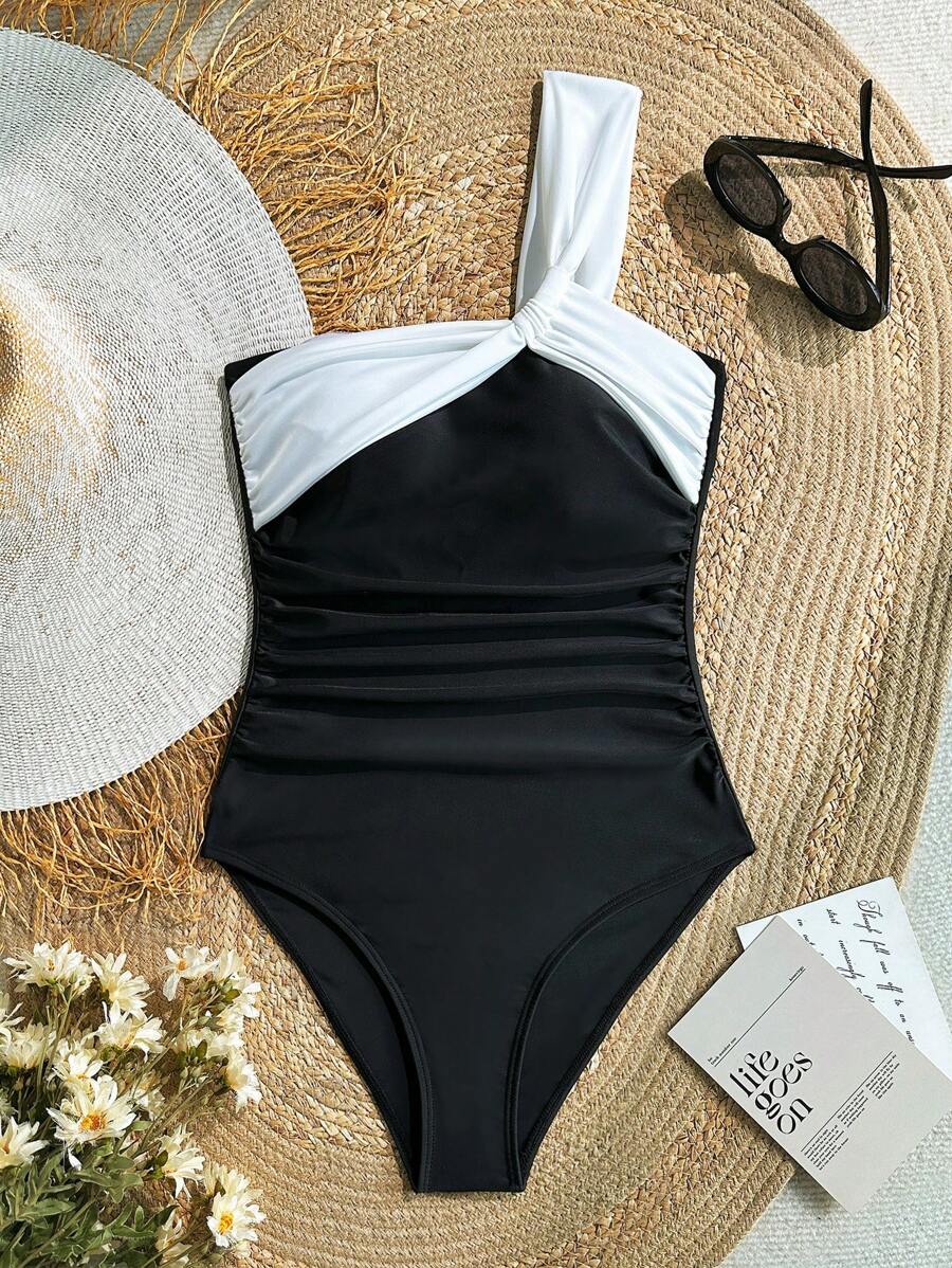 SHEIN Teen Girl Black White Colorblock Asymmetrical Neck Simple Daily One-Piece Swimsuit,Summer Vacation, Holidays - Black and White - View 1