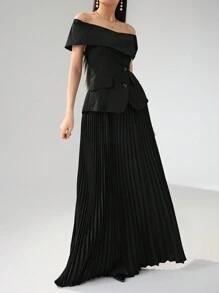 Modelyn Elegant Shoulder Strap Top And Pleated Midi Skirt Women's 2 Pieces Suit, Business Professional Outfit - Black - View 3