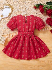 Îmbrăcăminte pentru fetițe Rochie elegantă de vară cu mâneci scurte cu guler brodat cu imprimeu auriu, potrivită pentru petreceri, festivaluri și activități în aer liber - roșu - Vizualizare 3