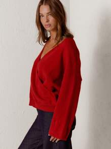 Aralina Oversized Cross-Front Cozy Knit Sweater - Red - View 6