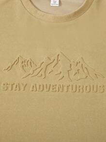 2pcs/Set Teen Boys Summer Streetwear Outfit,Mountain Peak Letter 3D Embossed Print Round Neck Short Sleeve T-Shirt And Drawstring Waist Shorts Set - Khaki - View 3