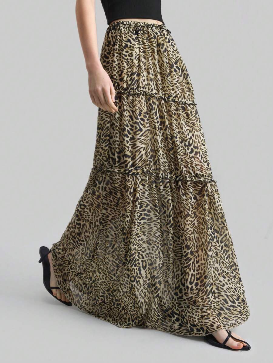 Ontre 女式豹纹 90 年代复古雪纺 A 字裙，休闲简约日常穿着 - 彩色 - 查看 1