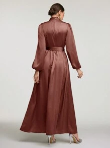 Veilorie Kobiety Długie Eleganckie Arabskie Jednolity Kolor Stojący Kołnierz Latarnia Rękaw Skromna Sukienka Długie Suknie Wieczorowe