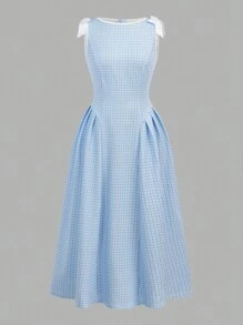 SHEIN Wildeya Langes Kleid für Teenager Mädchen in Blau & Weiß mit Taillenraffung und Schleife an der Schulter, aus dehnbarem gestricktem Gewebe, im vintage, süßen Stil, geeignet für Partys und Treffen