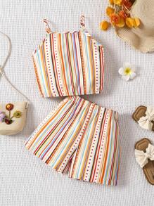 Young Girl Vacation Casual Stripe Camisole And Shorts 2 Pieces Set