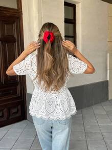 Pariaura Top de manga corta y corto con bordado floral para mujer, primavera/verano, bordado hueco - Blanco - Ver 2