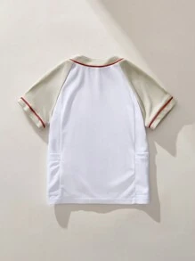 SHEIN Boys' Blue Floral Print Contrasting Raglan Sleeve Open Front Shirt, Sporty Style, Spring, Outdoor - Khaki - View 2