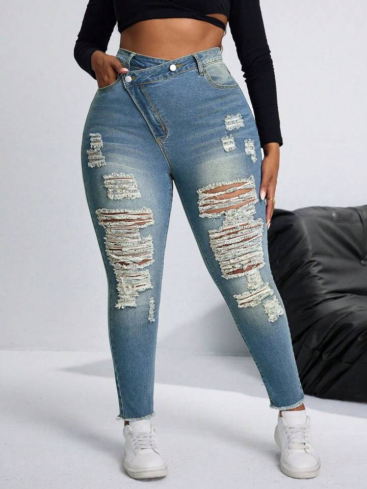 SHEIN SXY Plus Size Denim Stretch Fashion Sexy Ripped Jeans