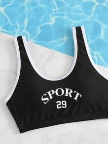 三件套黑色撞色运动泳衣，裙式设计，修身剪裁，适合运动、度假、温泉、海滩等场合。