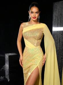 Glamrae 优雅华丽的黄色亮片剪裁雪纺飘逸修身鱼尾高开叉连衣裙，适合晚宴单身派对约会返校季舞会晚礼服、婚礼宾客礼服、正式礼服 - 黃色 - 查看 6