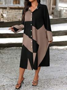 EMERY ROSE 女式涤纶衬衫裙，休闲几何拼色纽扣口袋衬衫领中长连衣裙，适合日常和休闲约会 - 彩色 - 查看 3