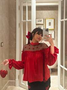 Elenzga 女式心形网眼拼布喇叭袖 T 恤，红色，适合春季派对、新年、情人节 - 紅色 - 查看 2