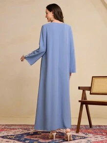 Al Najma Women's Everyday Color Block Sleeve Patch Floral Lace Trim Loose Traditional Dress Kaftan Jalabiya Dress - Blue - View 2