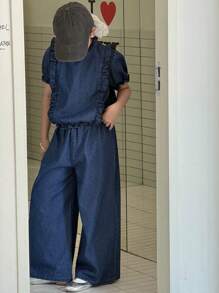 DAZY 2pcs/Set Tween Girl Denim Crew Neck Short Sleeve Top And Wide Leg Denim Pants Outfit, Fall - Blue - View 1