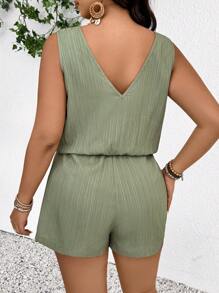 SHEIN Frenchy Plus Size Women's Solid Button Design Casual Romper - Green - View 2