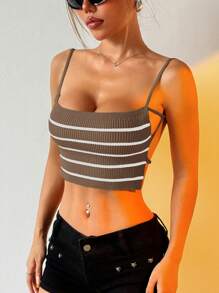 Muchica Women Striped Backless Camisole Cropped Knit Top