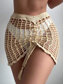 SHEIN Swim Jupe de plage à taille haute kaki pour femme, faite main au crochet avec côtés ajourés, cordon de serrage à la taille et franges, convient pour les vacances
