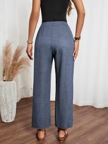 SHEIN LUNE Women Denim Effect Solid Color Pocket Side Ruffle Casual Pants For New Year Clothes Fall Cloth For Women