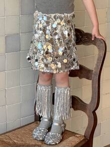 DAZY 少女时尚亮片装饰半身裙，夏季 - 銀色 - 查看 3