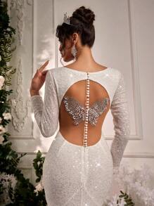 Glamrae Váy cưới đuôi cá đính đá lấp lánh, cổ chữ V, tay dài, hở lưng, lưới mỏng, sang trọng, màu trắng thanh lịch, gợi cảm, hở lưng, đính hình bướm, dành cho cô dâu - trắng - Xem 4