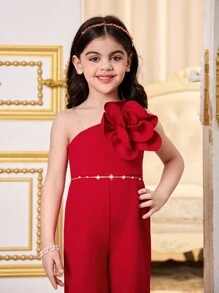 SHEIN Young Girl Solid Color Knit Racer Back Romper - Red - View 3