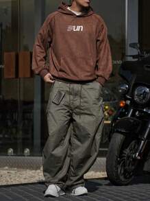 DAZY Men's Color Block Letter Print Hooded Sweatshirt - Coffee Brown - View 3