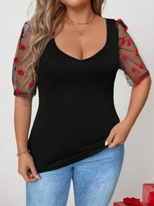SHEIN LUNE Plus Size Women Heart Pattern Lace Patchwork Simple Fitted Blouse,Valentine - Black - View 5