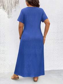 Breezaya Plus Size Women's Summer Denim Effect V-Neck Short Sleeve Casual T-Shirt Dress Maxi Women Outfit