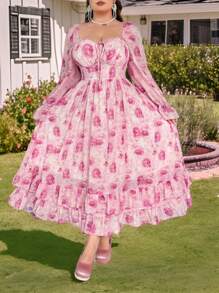 Flirla Plus Size Romantic Floral All-Over Print Long Sleeve Knotted Front Dress,Valentine - Pink - View 1