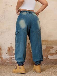 SHEIN ICON Plus Size Simple And Fashionable Casual Everyday Wear Cargo Denim Jeans - Dusty Blue - View 2