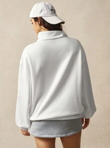 VARSITIE 长袖健身上衣 白色立领长袖宽松休闲字母印花拉链羊毛连帽衫 - 白色 - 查看 3