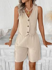 Easowa 2 pièces Ensemble top sans manches et short bermuda couleur unie décontracté pour femmes, tenue de base pour tous les jours, style "Old Money" printemps/été