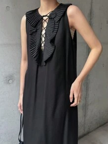 FRIFUL 女士黑色长款荷叶边领系带连衣裙，夏季度假装束吊带连衣裙 - 黑色 - 查看 1