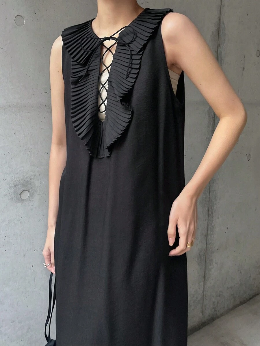 FRIFUL 女士黑色长款荷叶边领系带连衣裙,夏季度假装束吊带连衣裙 - 黑色 - 查看 1