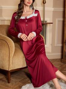 Elegant White Lace Patchwork Ladies Nightgown - Burgundy - View 1