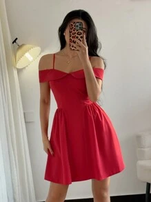 Chiquease Fashionable Off Shoulder Ruched Waist Mini Dress, Versatile For Daily Wear - Red - View 5
