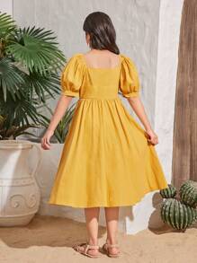 SHEIN Tween Girls' Vacation Casual Solid Color Square Neck Short Sleeve Woven Dress - Yellow - View 4
